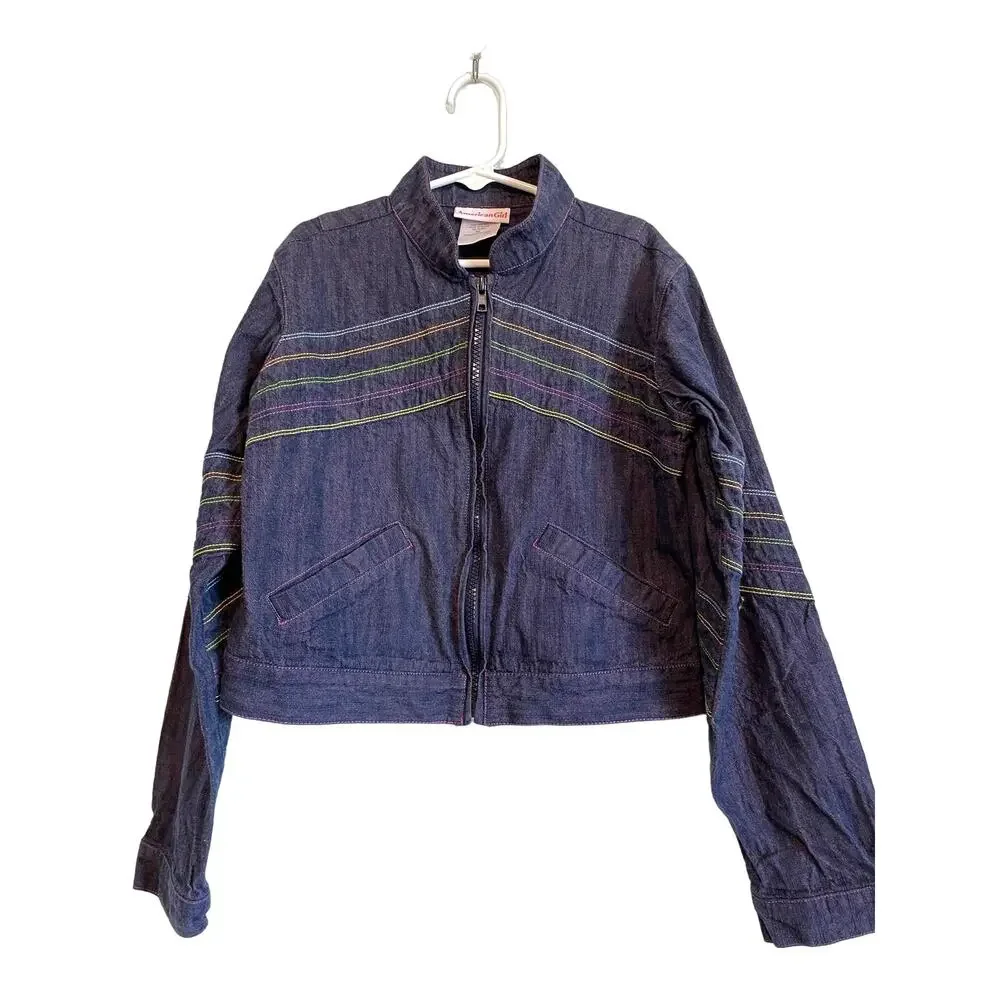 American Girl Cropped Denim Jean Jacket Embroidered Lightweight Pockets Medium